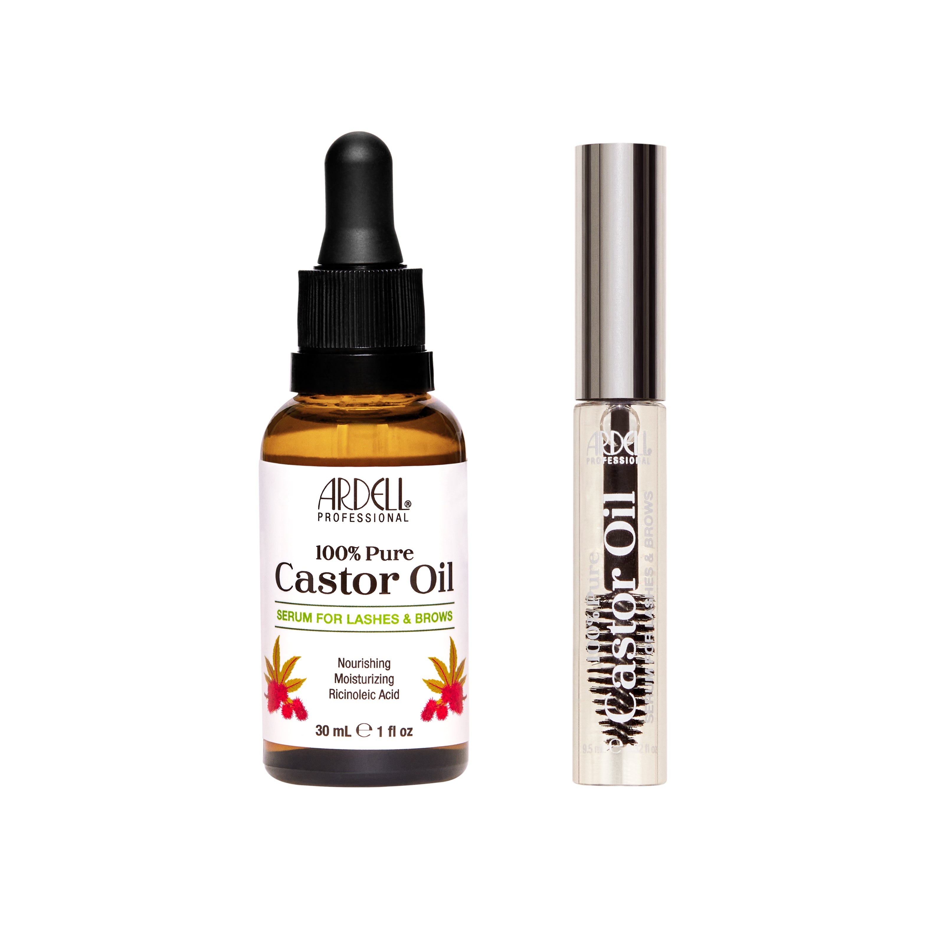 Ardell 100% Pure Castor Oil bottle and a mascara tube of Caster Oil on a white background