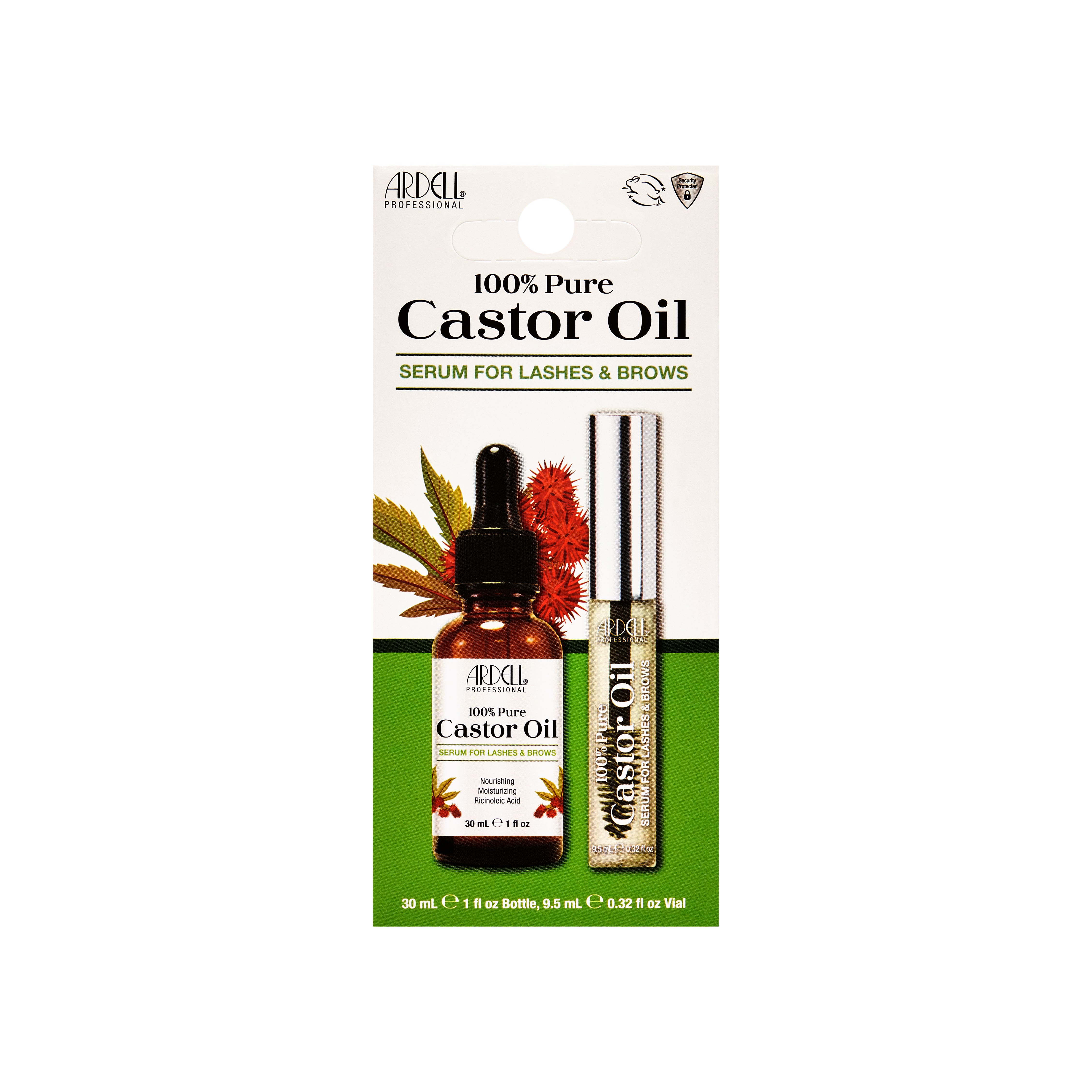 Packaging of Arden 100% Pure Castor Oil with dropper and serum for lashes and brows on a white background.