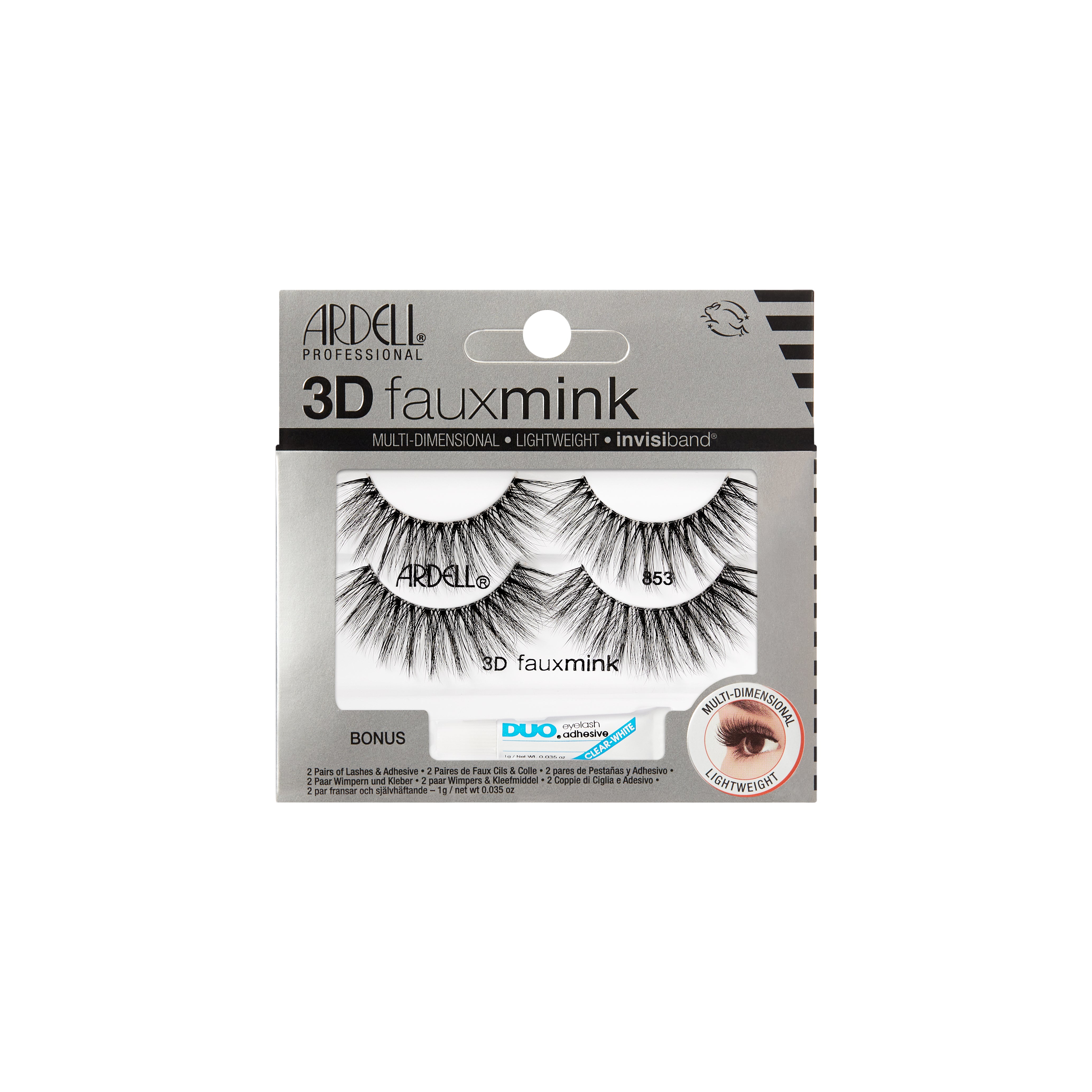 Ardell 3D Faux Mink 853 lashes with DUO glue for a full, multi-dimensional lash look that’s featherlight.
