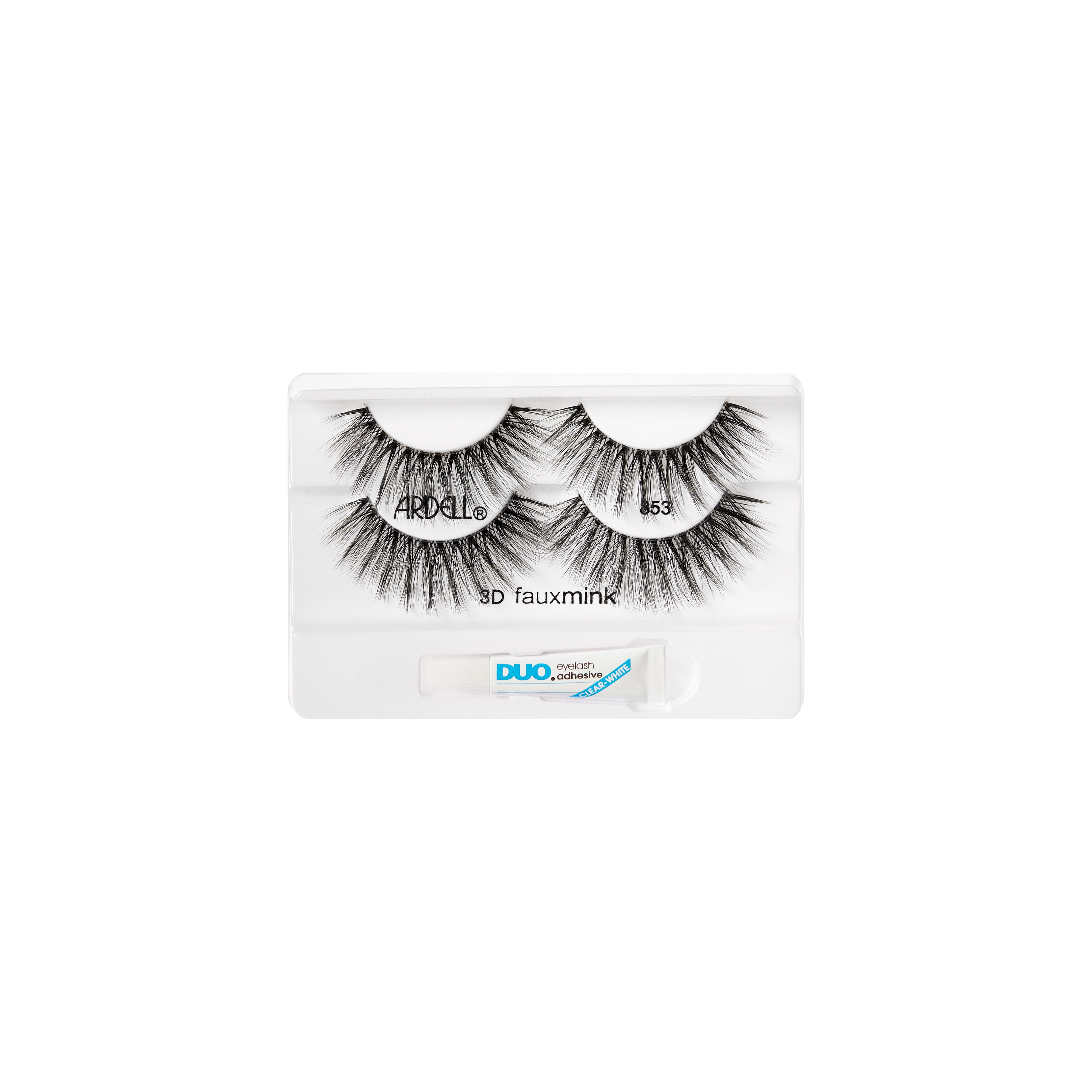 Ardell 3D Faux Mink 853 lashes in tray with bonus DUO adhesive, ideal for bold, fluttery lash definition.