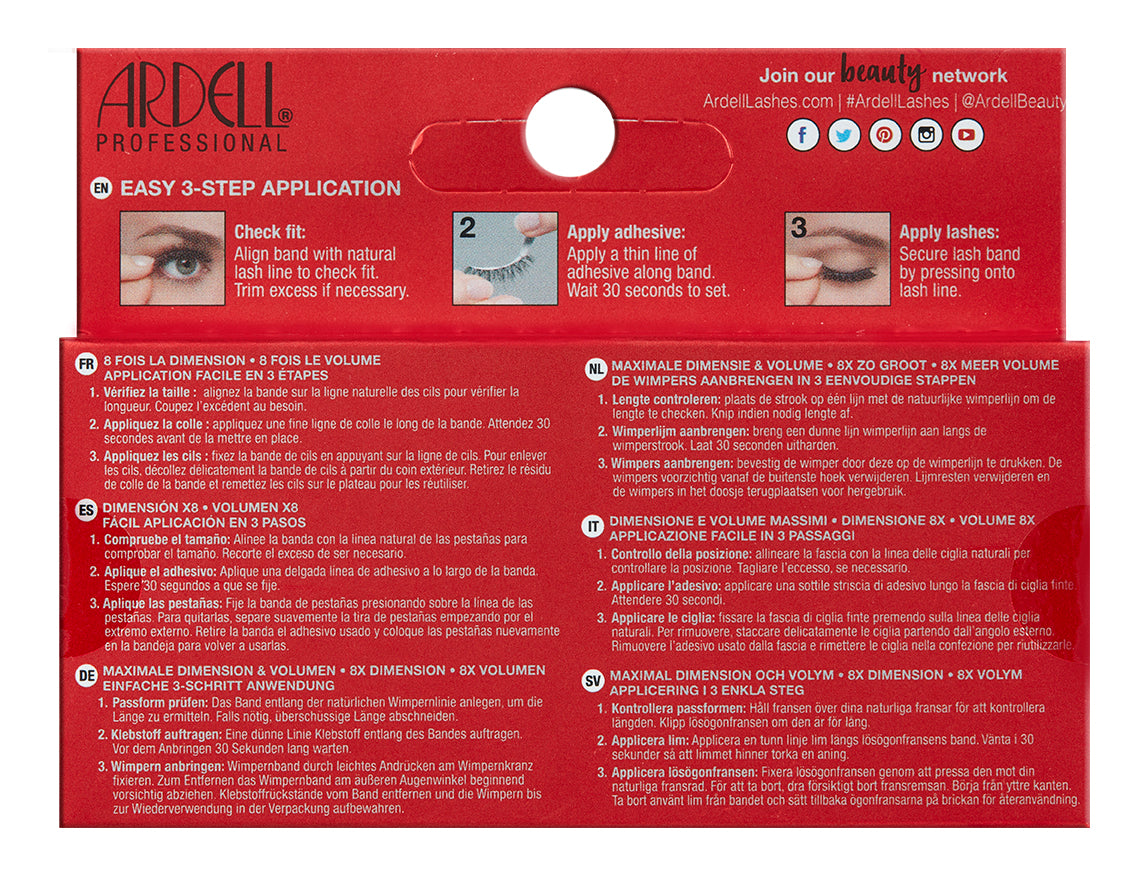Back of Ardell 8D Lashes 950 packaging with multi-language 3-step lash application instructions.