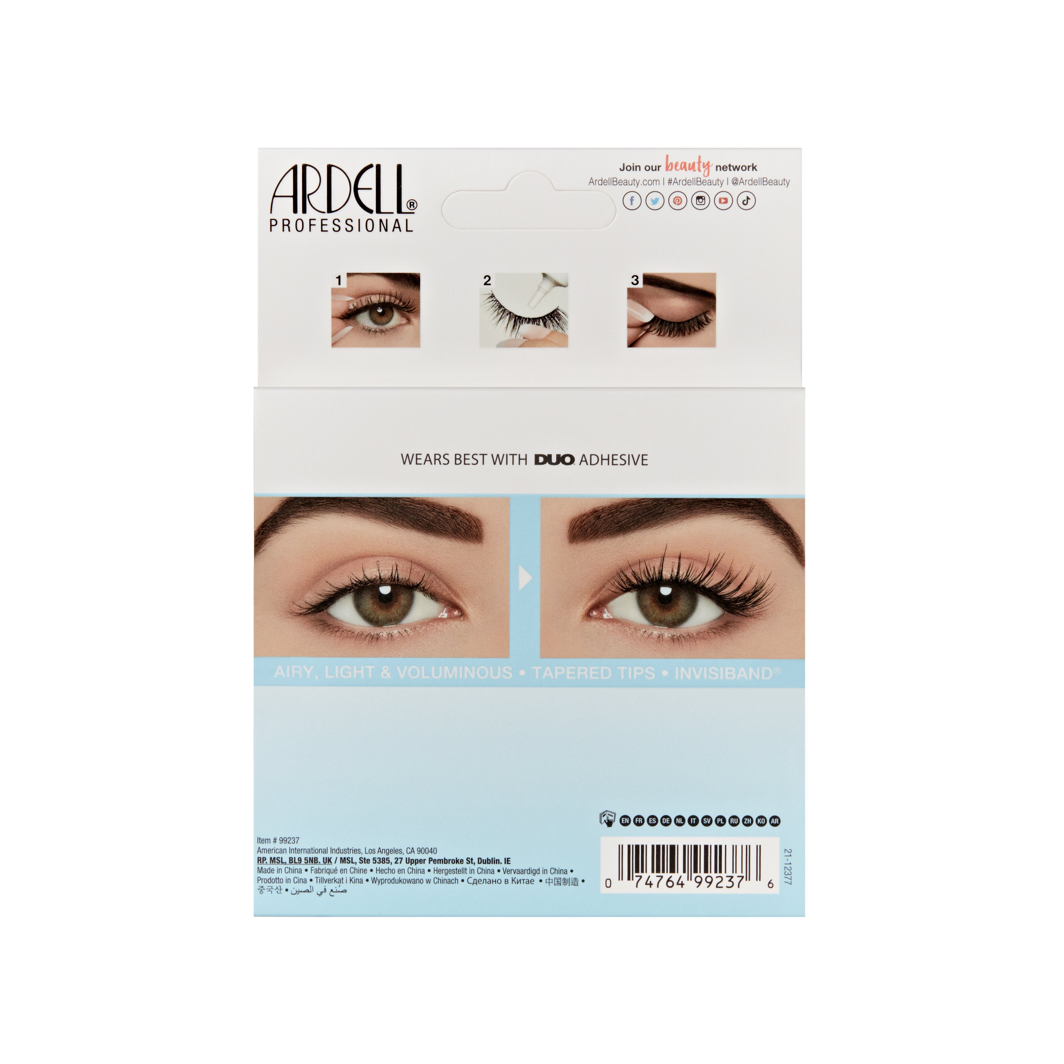 Ardell Light As Air 522 packaging with images of eyes and application steps on a white background