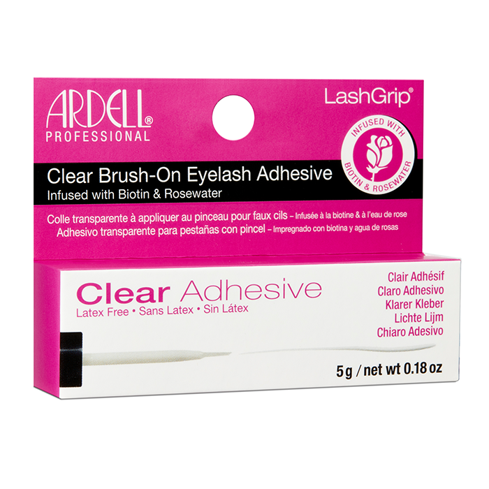 Ardell Clear Brush-On Eyelash Adhesive infused with Biotin & Rosewater, latex-free for secure, gentle lash application.