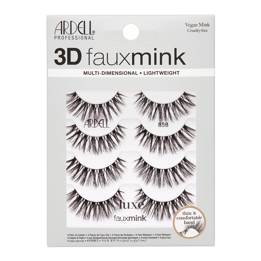 Ardell Professional 3D Fauxmink false eyelashes in a white retail package, showing four pairs of black synthetic lashes with branding and product details.