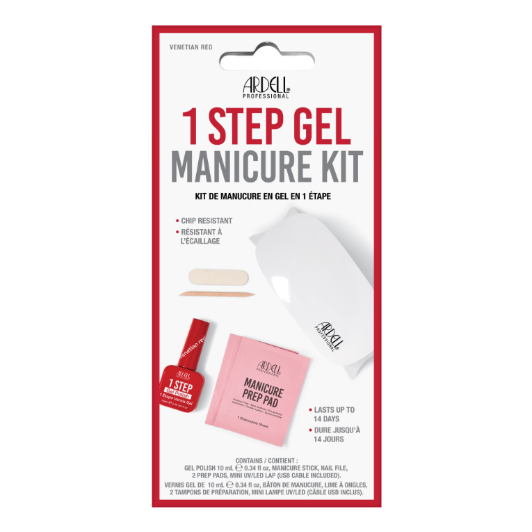 Ardell 1-Step Gel Starter Kit in Venetian Red includes LED lamp, gel polish, remover pads, file, and cleanser.