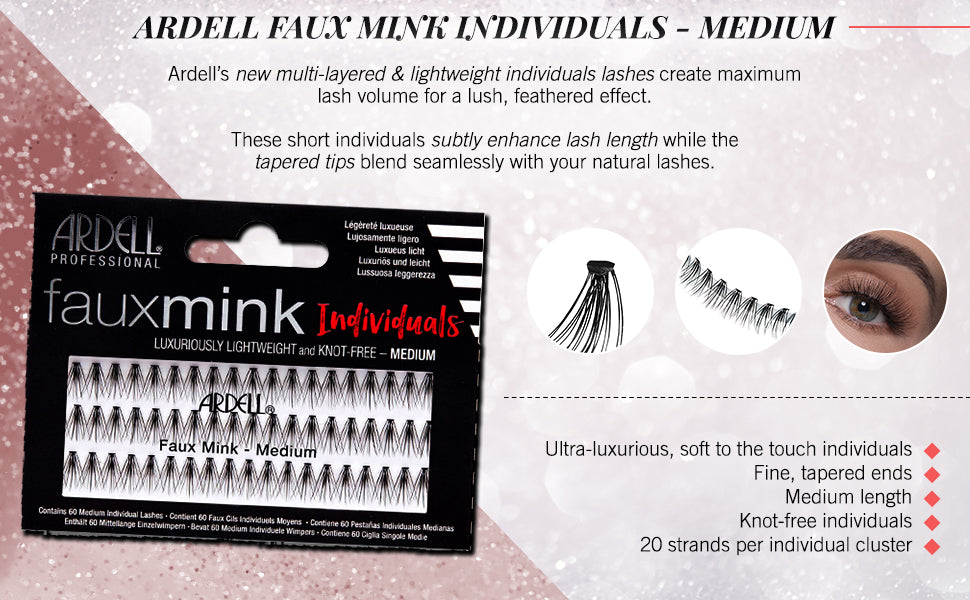 Inforgraphics of a set of Ardell Faux Mink Individual Lashes in their retail packaging with image illustration