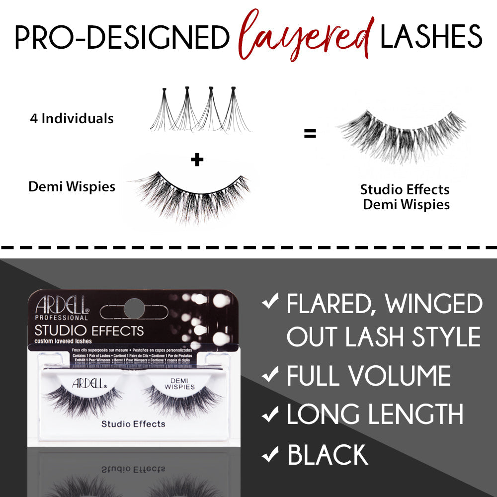 An illustration of Ardell Studio Effects Demi Wispies showing its Pro-designed layered lashes & its key features