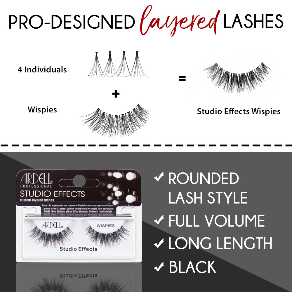 An illustration of Ardell Studio Effects Wispies showing its Pro-designed layered lashes & its key features