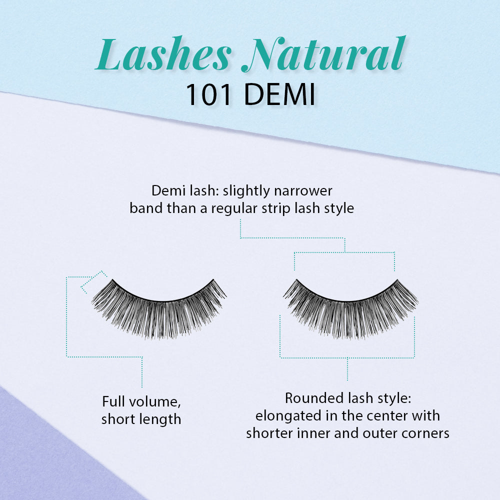 Ardell 101 Demi Lashes infographic showing full volume, short length, and a rounded center for eye enhancement.