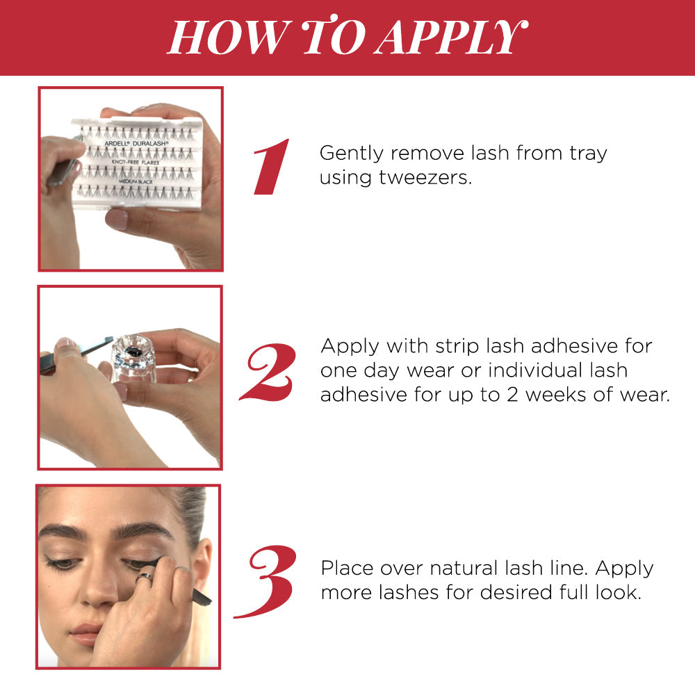 Informational layout featuring Ardell Knot-Free Flared Triple Lash Individuals, Long, 56-Count application instructions