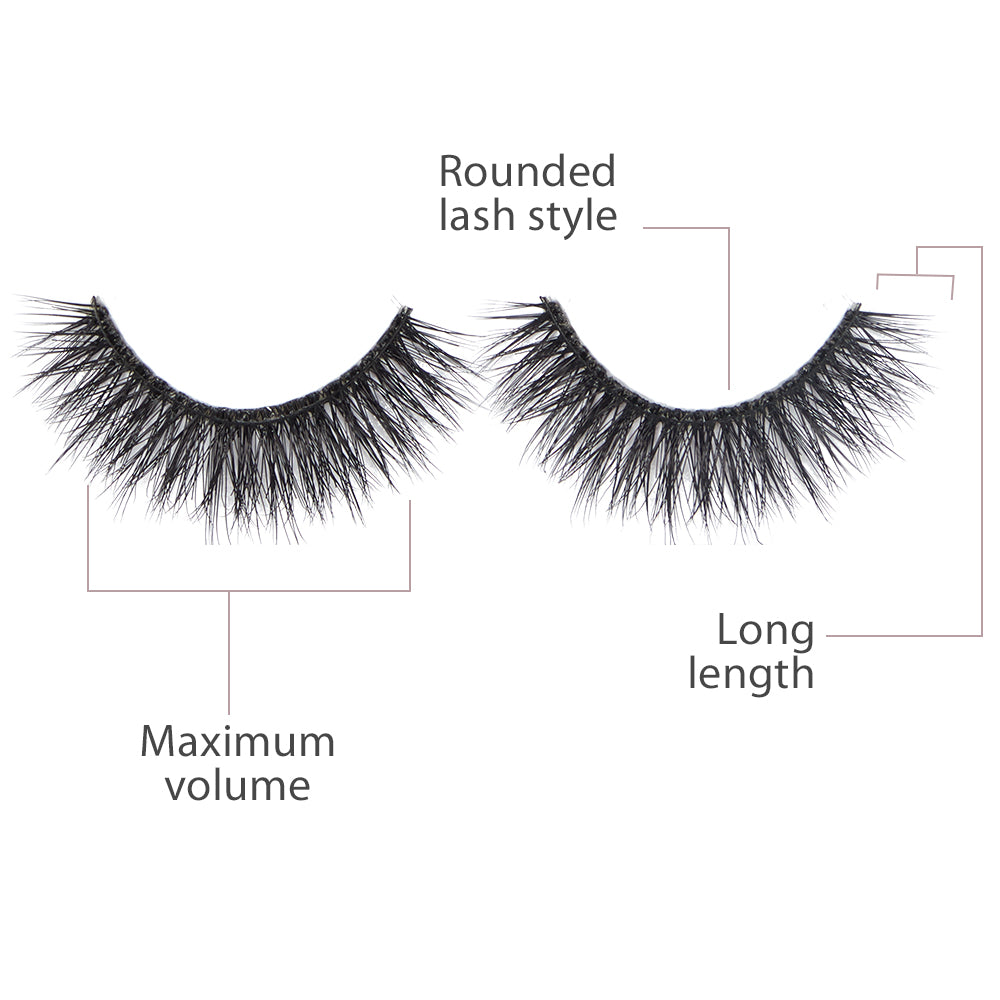 Pair of Ardell Mega Volume 252 faux lashes side by side described as having maximum volume, long length, & rounded lash style