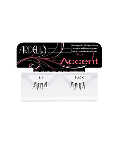 Frontage of Ardell Accents 311 - Black  in a wall hook ready retail pack with product detail in different languages