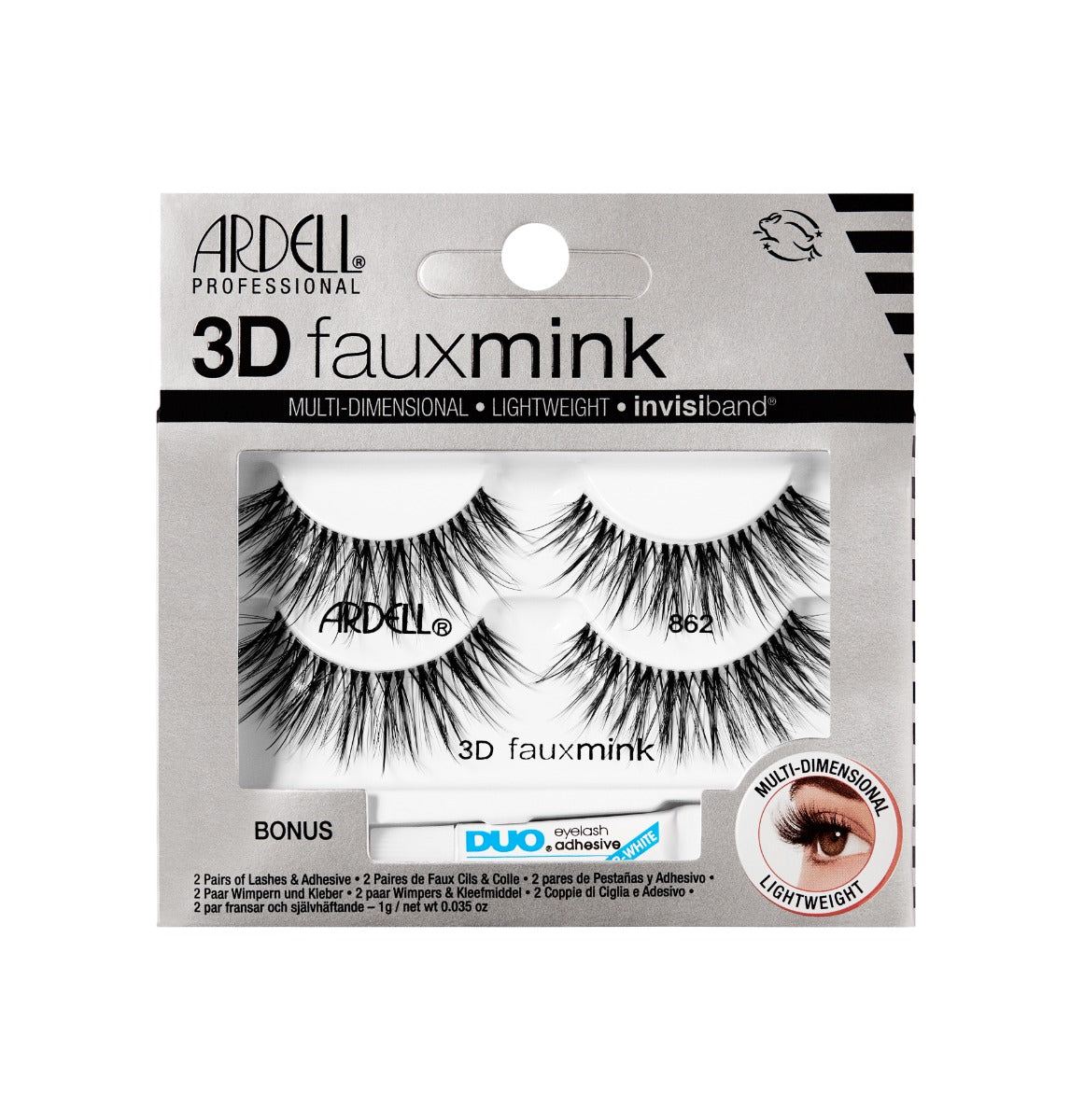 Front view of 3D Faux Mink 862 sealed wall-hook ready packaging