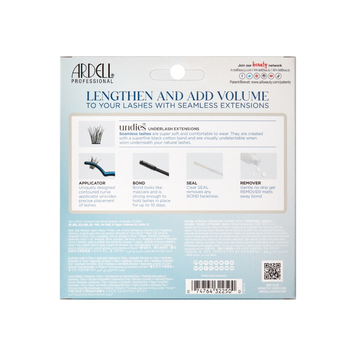 Back of Ardell Undies Lash Kit packaging detailing lash applicator, bond, seal, and remover instructions.