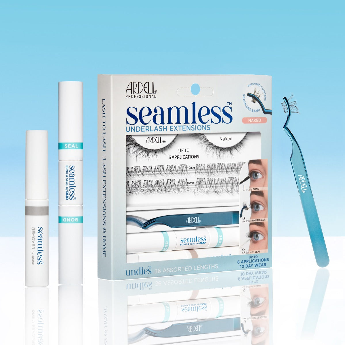 3D illustration of Seamless Underlash Extensions Naked pack with its inclusions on the side