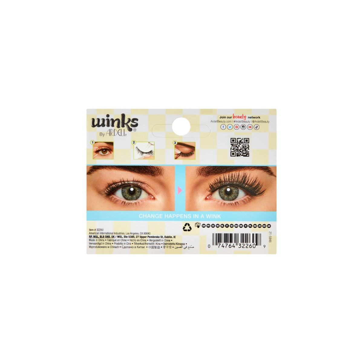 Back side of packaging for Winks Be Yourself Lashes Vibez 