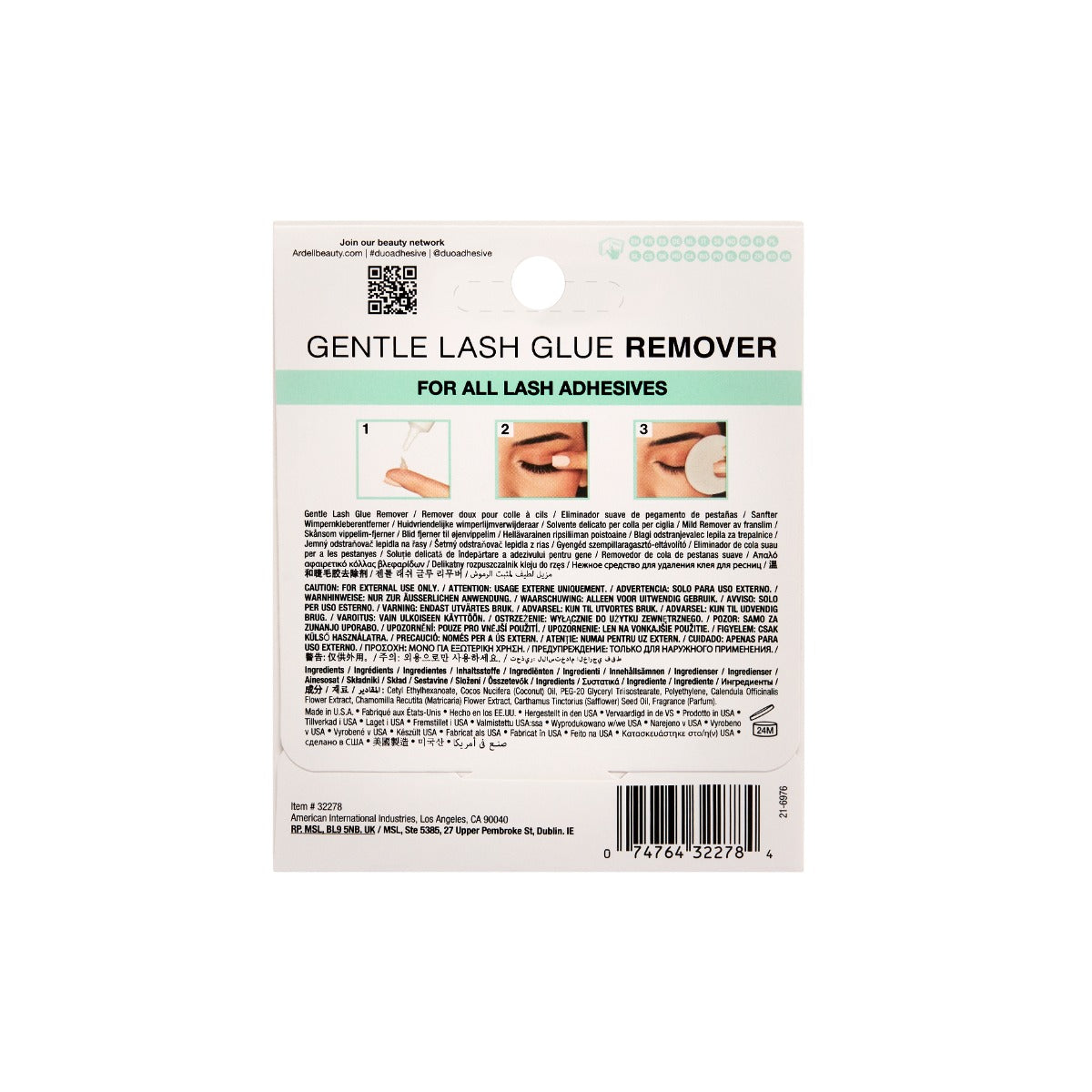 Back side of packaging for DUO Gentle Lash Glue Remover