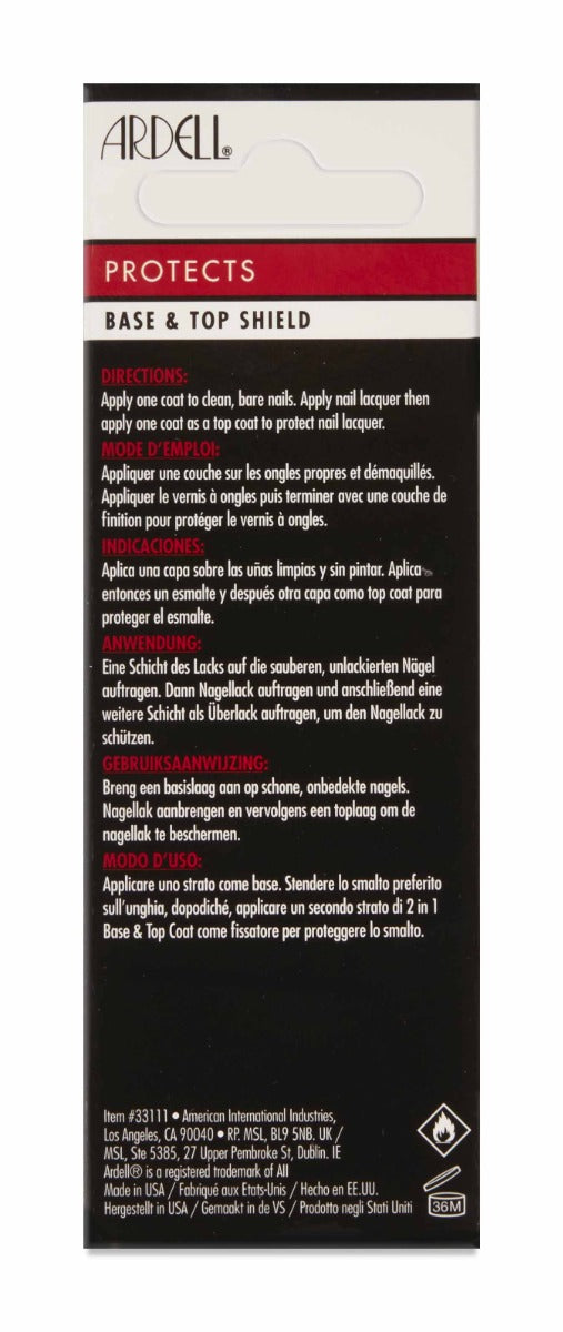 Back details of Ardell 2 in 1 Base & Top Shield box with instruction in three different languages and precautions