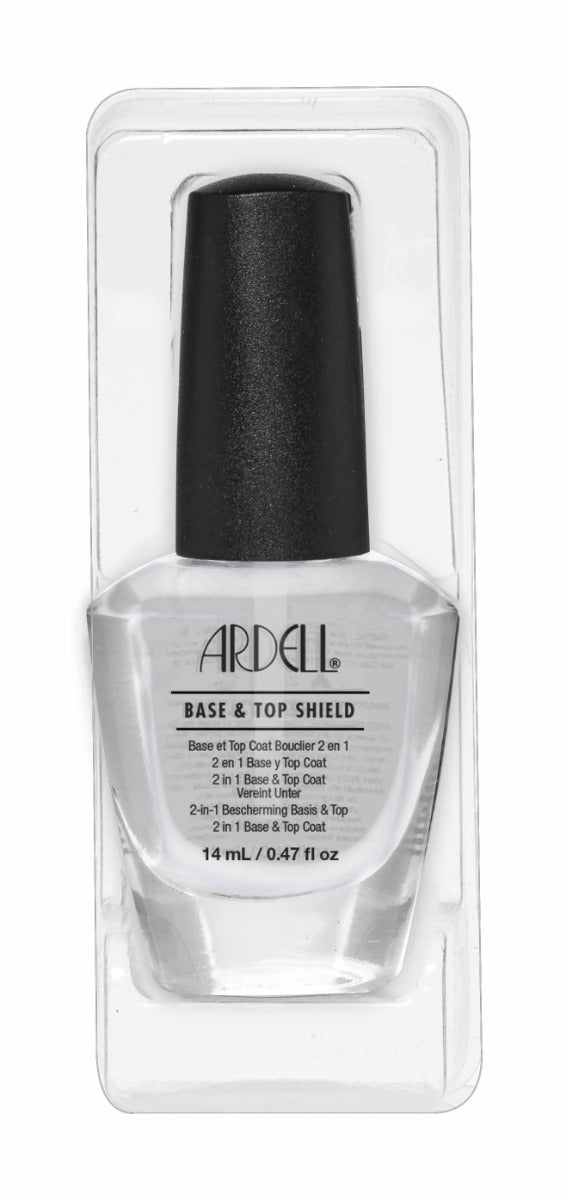 Ardell Base & Top Shield 2-in-1 clear polish in 14 mL bottle, protects nails with glossy base and top coat.