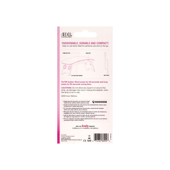 Ardell Nail Addict UV/LED Gel Lamp – Back packaging with product specs and usage guide.