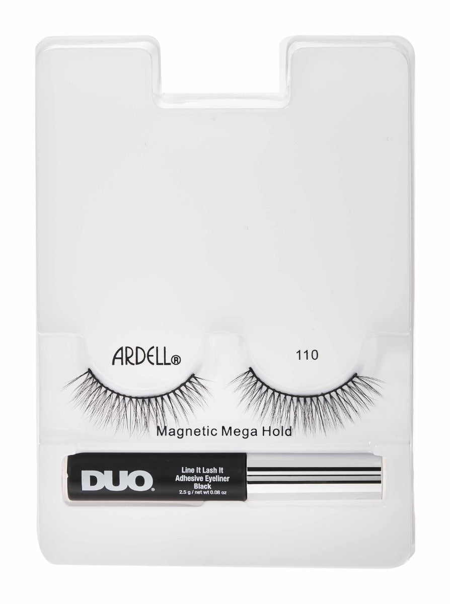 Ardell Magnetic Mega Hold Lashes in style 110 with DUO adhesive eyeliner for secure, all-day wear.