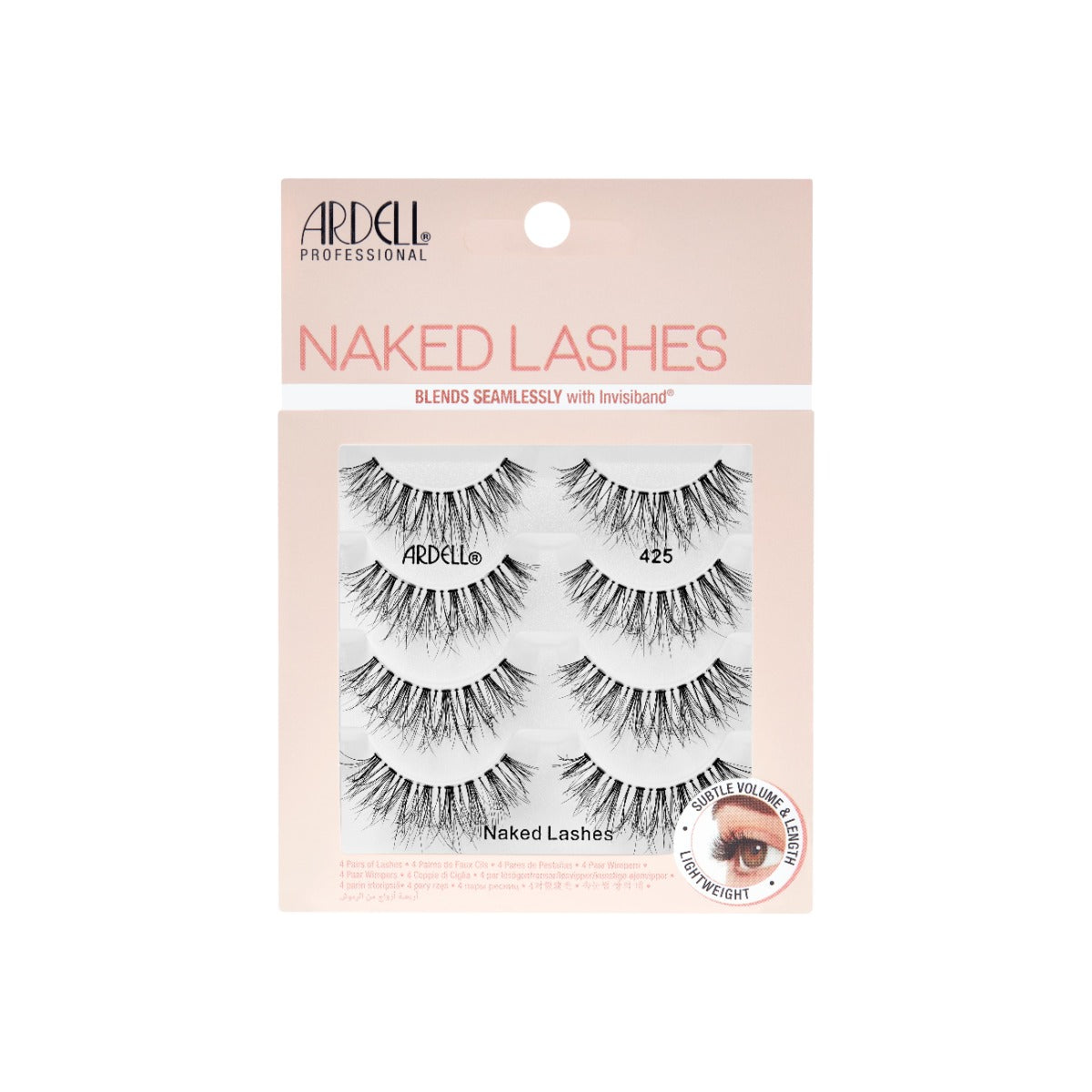 Ardell Naked Lashes 425 multi-pack with four pairs of soft, lightweight lashes featuring Invisiband.