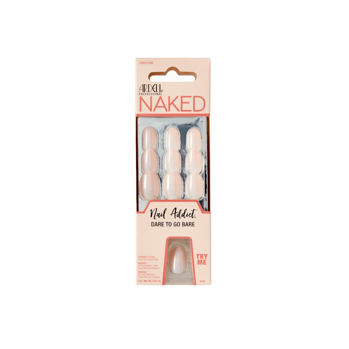 Packaging displaying a try me feature for Ardell Nail Addict Naked Pristine box
