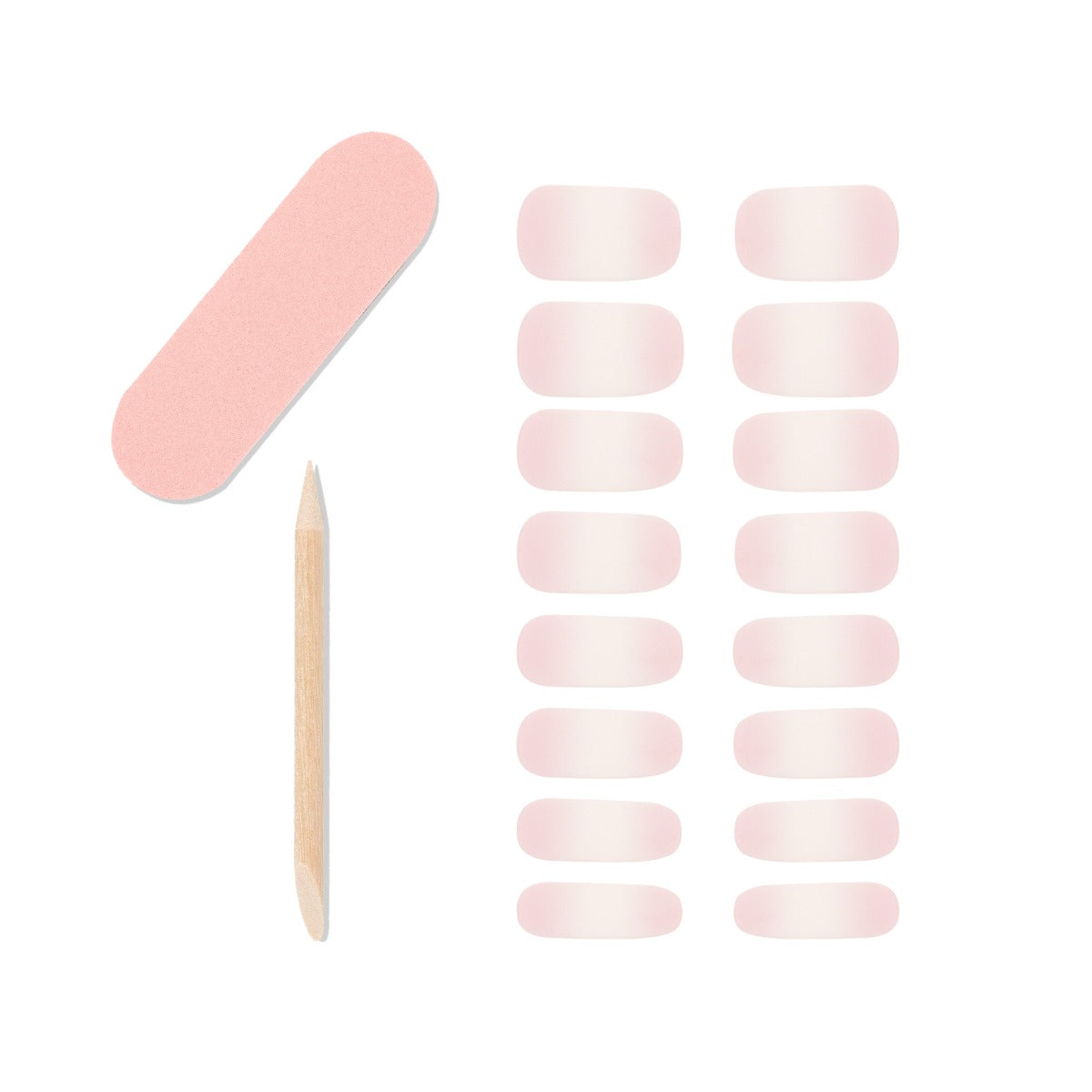 Ardell 16 gel nail strips, 1 mini dual sided nail file, 1 orange wood stick lay in white setting