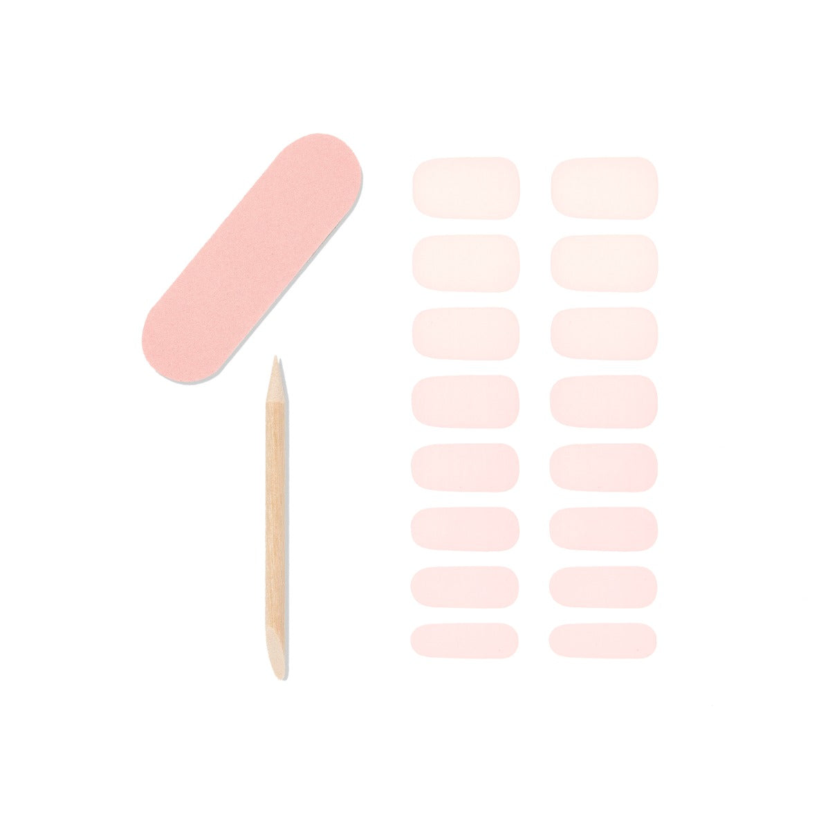 16 gel nail strips,  1 mini dual sided nail file and 1 orange wood stick of Nail Addict Gel Nail Strips