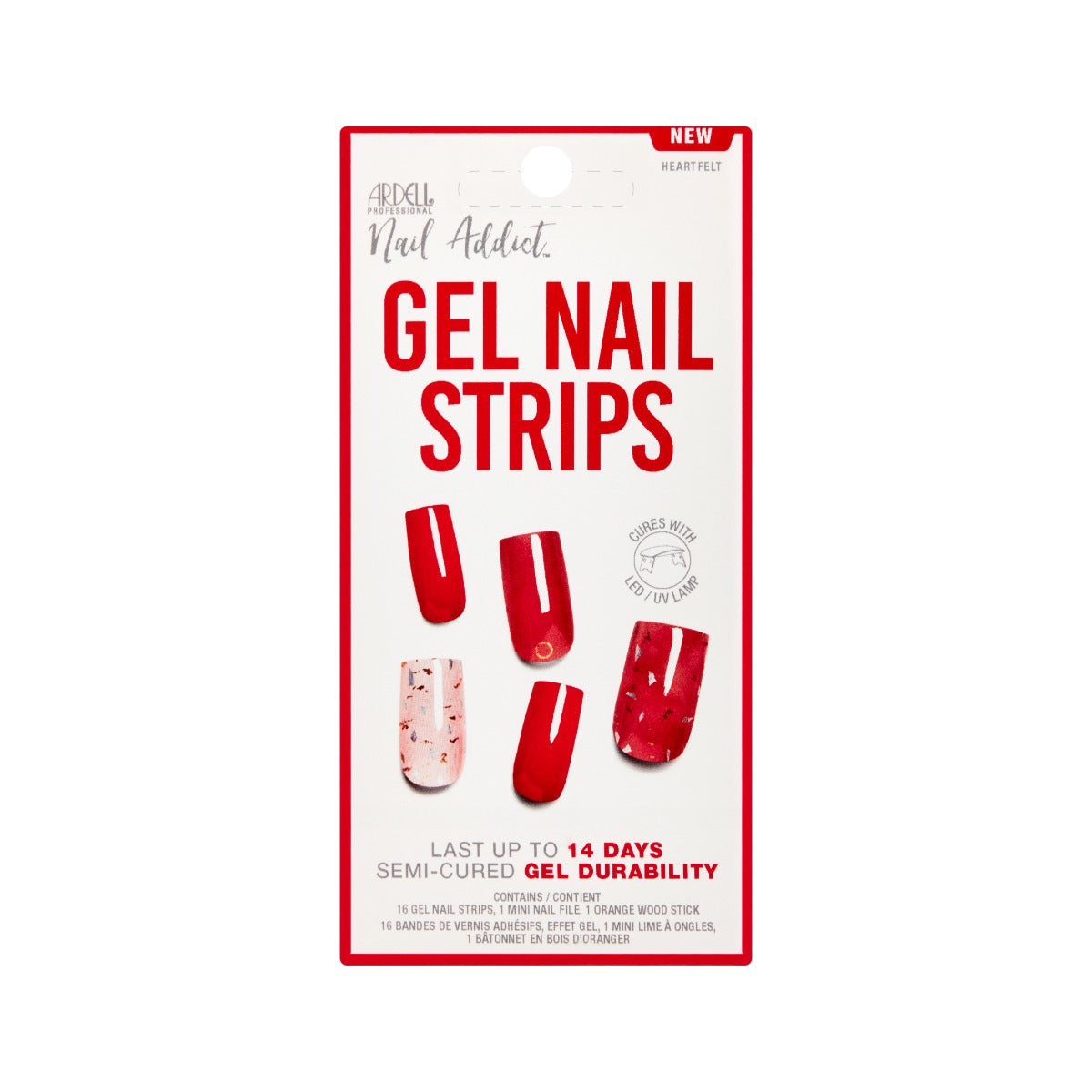 Wall-hooked ready packaging of Ardell Nail Addict Gel Nail Strips.