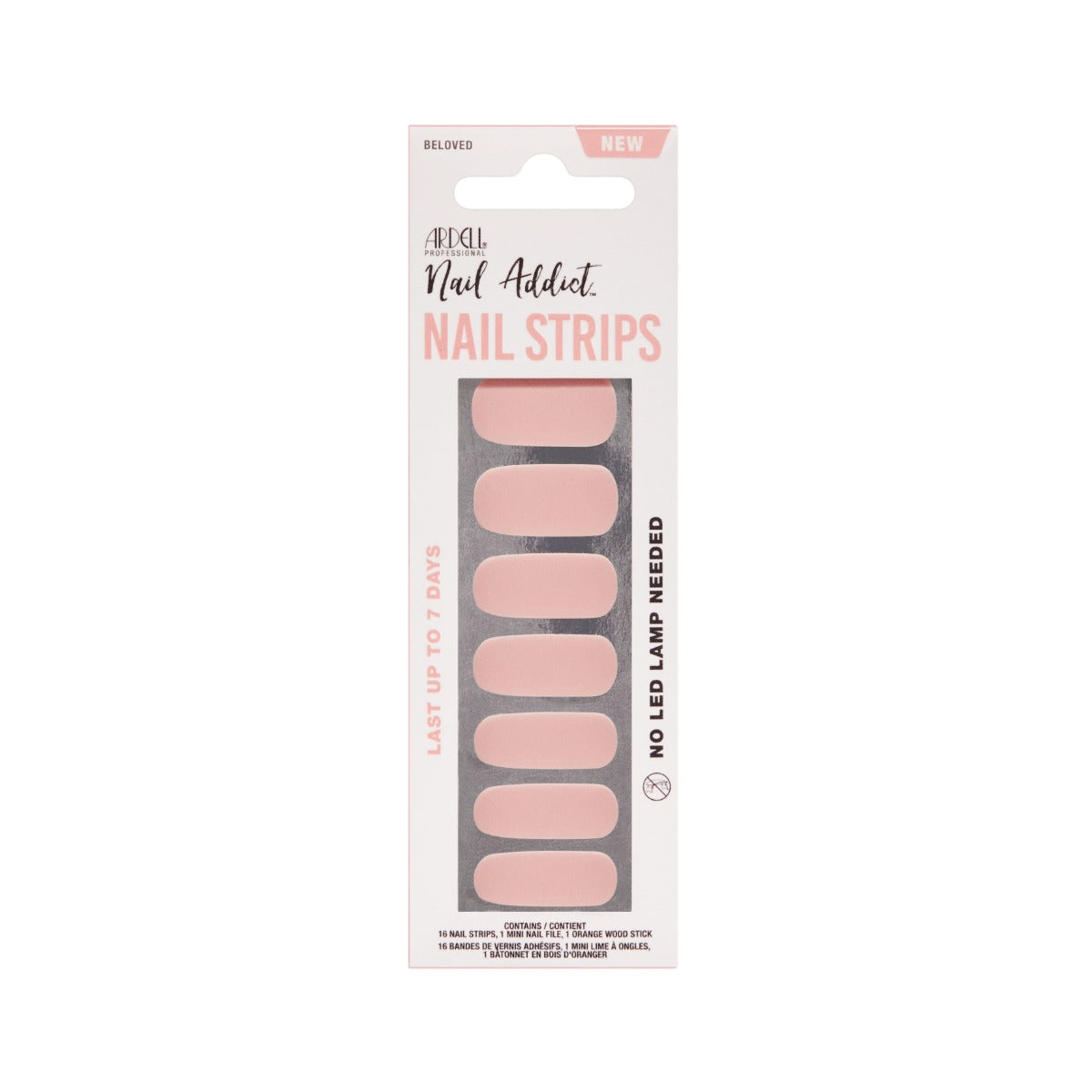 Front face of Ardell Nail Addict Nail Strips wall hook ready packaging.