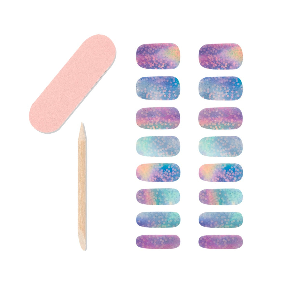 16-piece colorful nail strips with 1-piece mini nail file and 1-piece orange wood stick from Ardell.