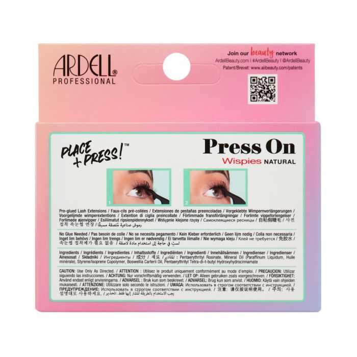 Back of Ardell Press-On Wispies Natural 12pc Mini packaging showing product info and application steps.