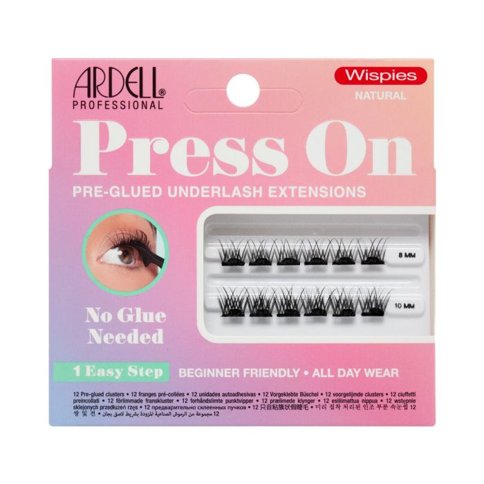 Front of Ardell Press-On Wispies Natural 12pc Mini Pack featuring classic crisscross lashes in a compact set.