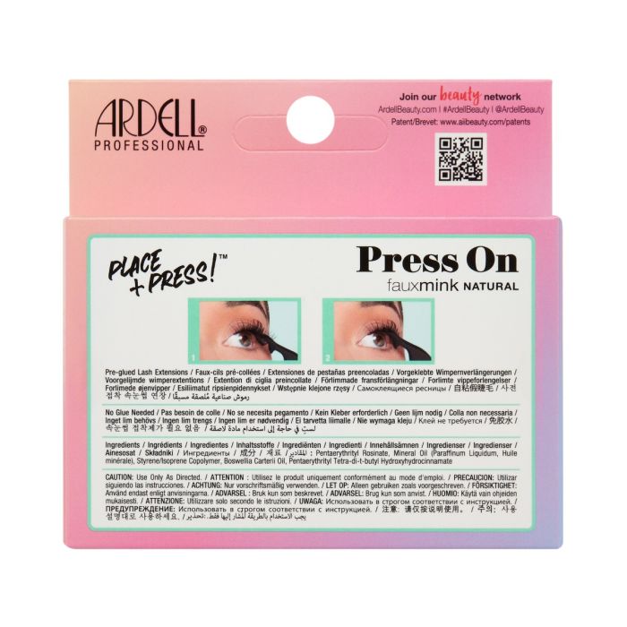 Back of Ardell Press-On Faux Mink Natural 12pc Mini packaging with product details and instructions.