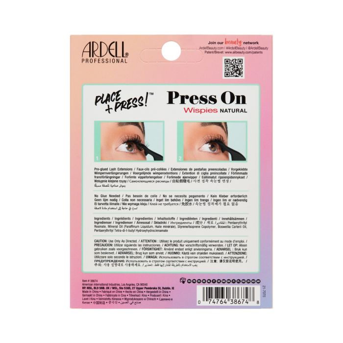 Back of Ardell Press-On Wispies Natural packaging with details and instructions.