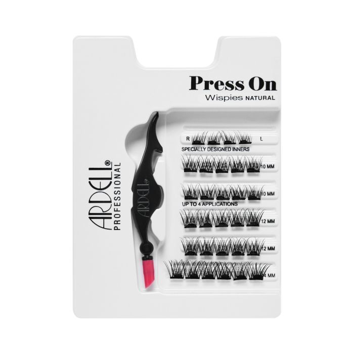 Tray of Ardell Press-On Wispies Natural Lashes, pre-glued and ready to apply lash segments.
