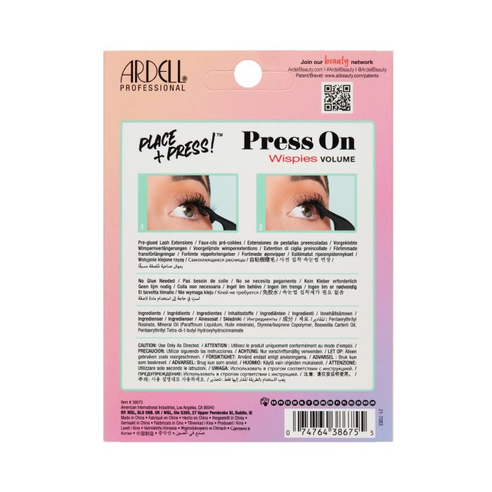 Back of Ardell Press-On Wispies Volume Lashes packaging with how-to and product highlights.