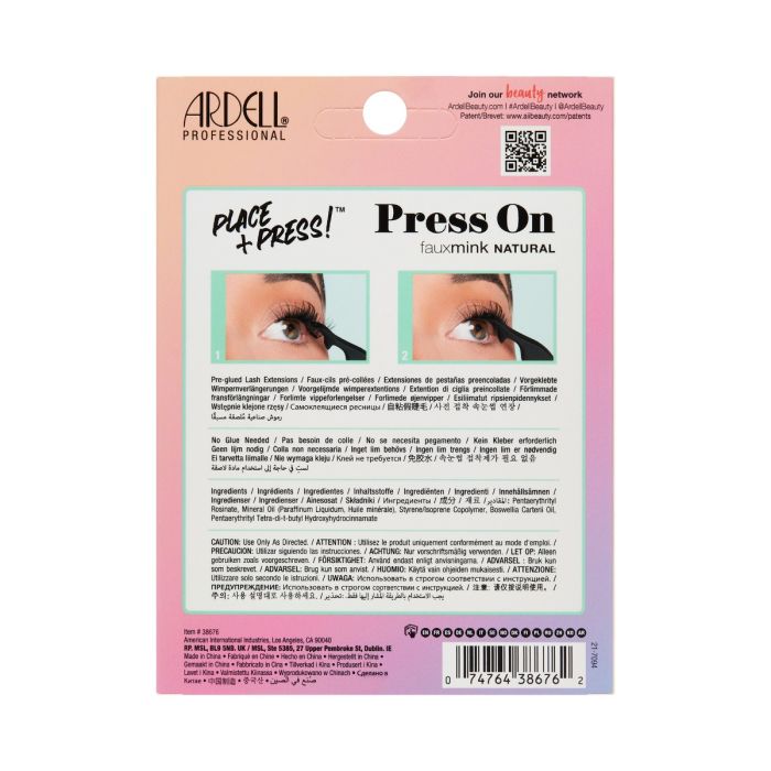 Back of Ardell Press-On Faux Mink Natural Lashes packaging with product info and application steps.