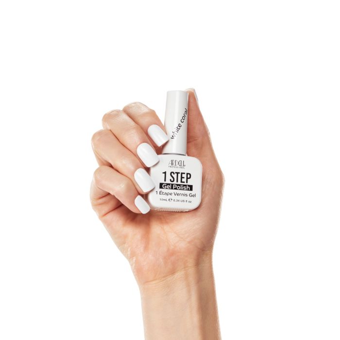 Hand with nails painted in White Coral, showcasing a bright white gel manicure with a sleek, modern finish.