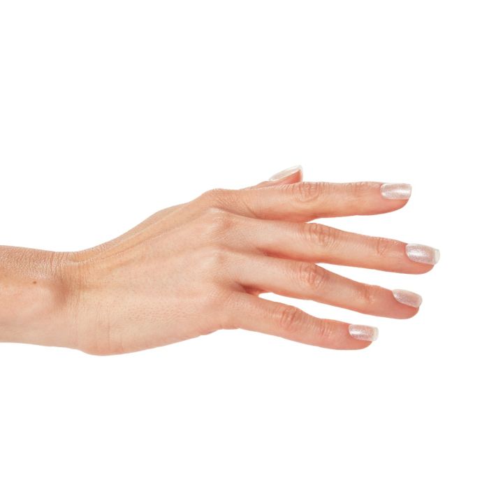 Model displaying Ardell Moonstone polish on rounded nails, with a radiant and sheer white shimmer.