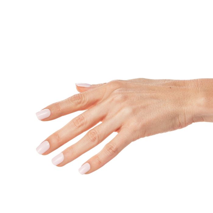 Side view of hand wearing Ardell Flower Petal gel polish, a pale pink shade with a clean, glossy gel manicure look.