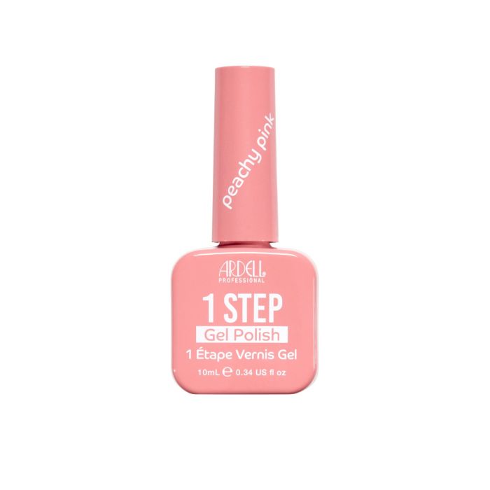 Ardell 1 Step Gel Polish in Peachy Pink, a soft coral-toned pink shade in a compact square bottle.