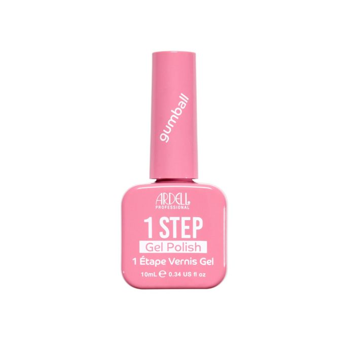 Ardell 1 Step Gel Polish in Gumball, a playful bubblegum pink shade in a sleek square bottle.