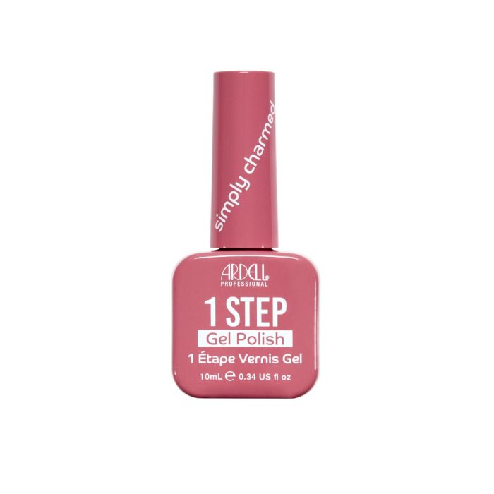 Ardell 1 Step Gel Polish in Simply Charmed, a rosy pink shade in a square bottle with matching cap.