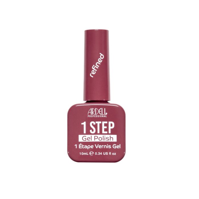 Ardell 1 Step Gel Polish in Refined, a sophisticated mauve-burgundy nail color in a sleek square bottle.