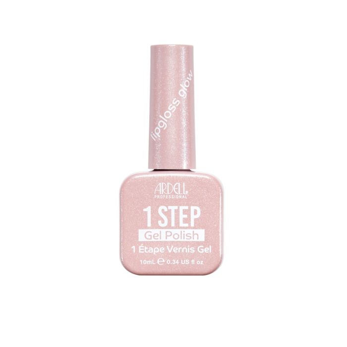Ardell 1 Step Gel Polish in Lipgloss Glow, a soft shimmery pink gel nail color in a square bottle with rounded edges.