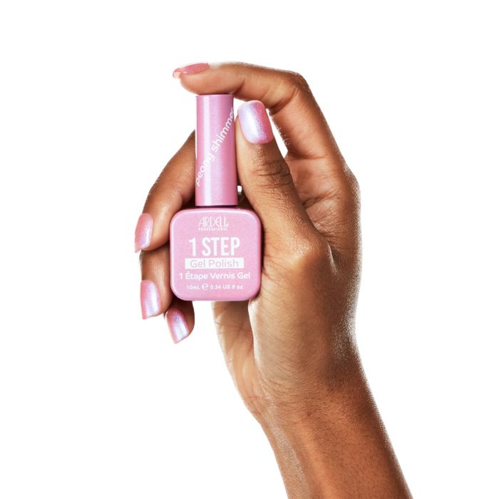 Peony Shimmer gel polish on model's nails, vibrant pink shimmer perfect for standout spring nail looks.