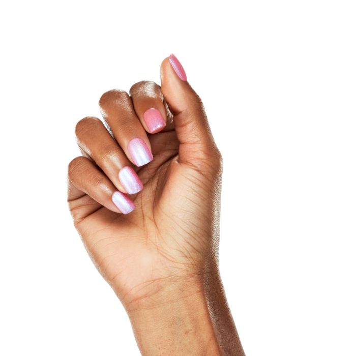 Close-up of nails painted in Peony Shimmer, a fun bubblegum pink shade with radiant shimmer effect.