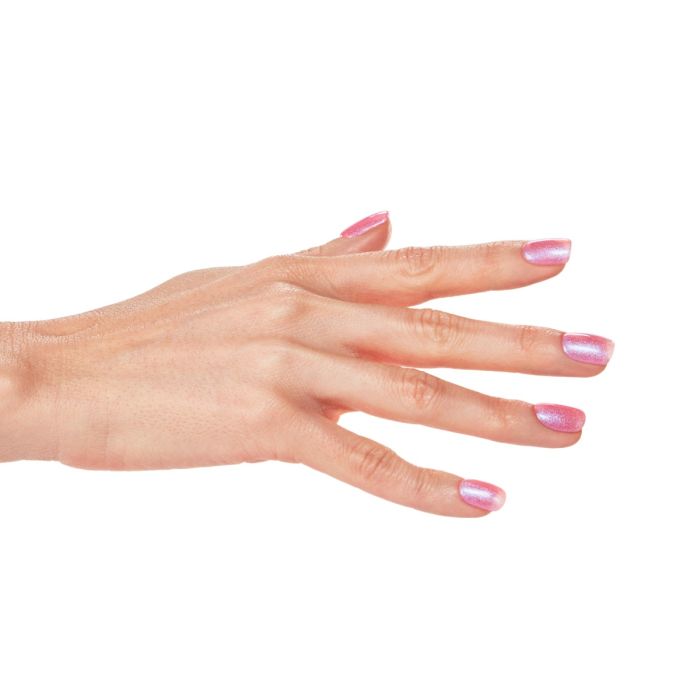 Extended hand displaying Peony Shimmer gel polish manicure with radiant pink shimmer finish on natural nails.